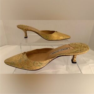 Manolo Blahnik Gold and Green Mules